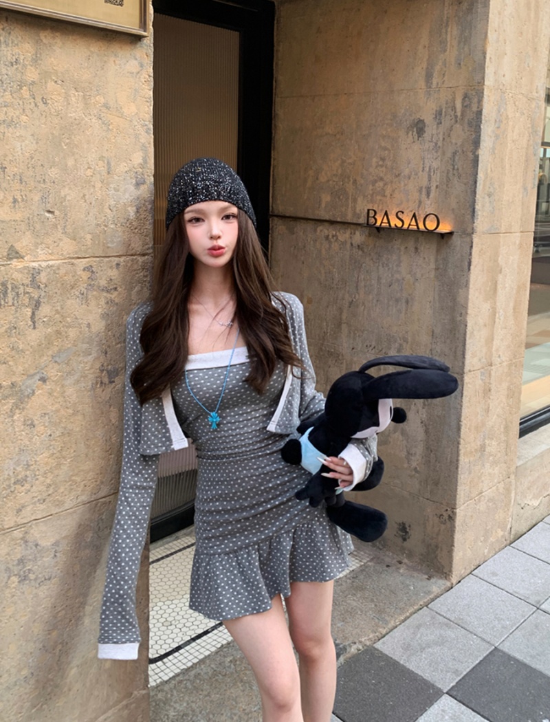 Package hip cardigan polka dot dress 2pcs set for women