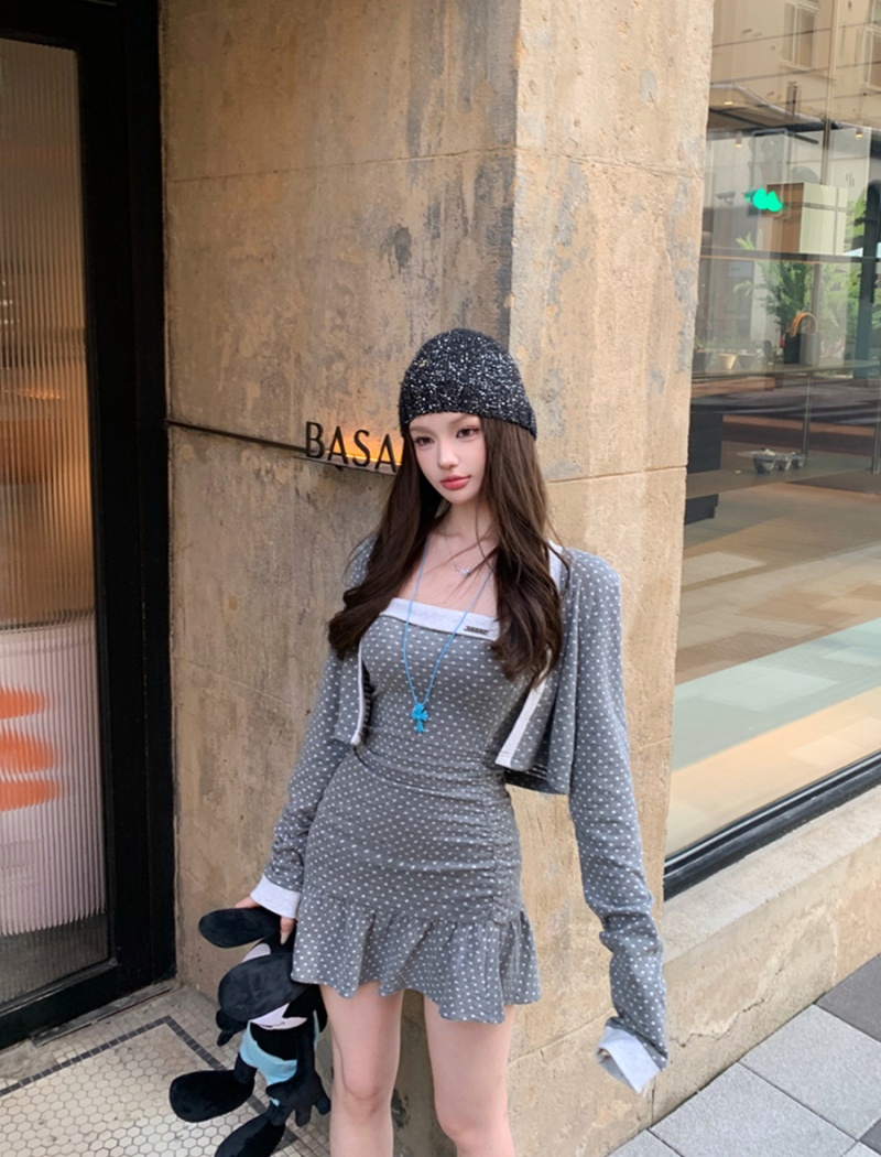 Package hip cardigan polka dot dress 2pcs set for women