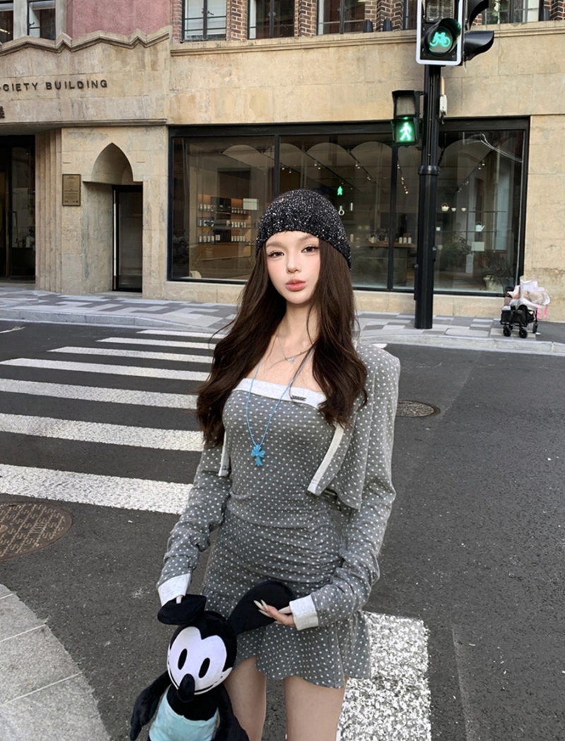 Package hip cardigan polka dot dress 2pcs set for women