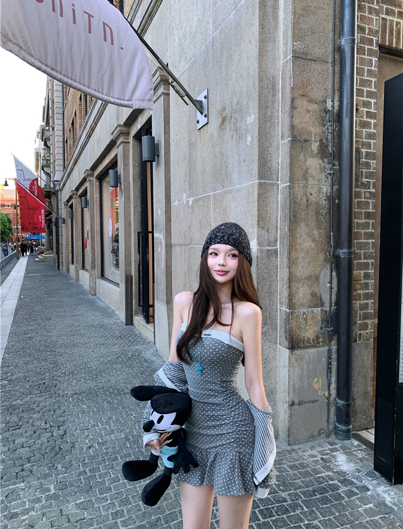 Package hip cardigan polka dot dress 2pcs set for women