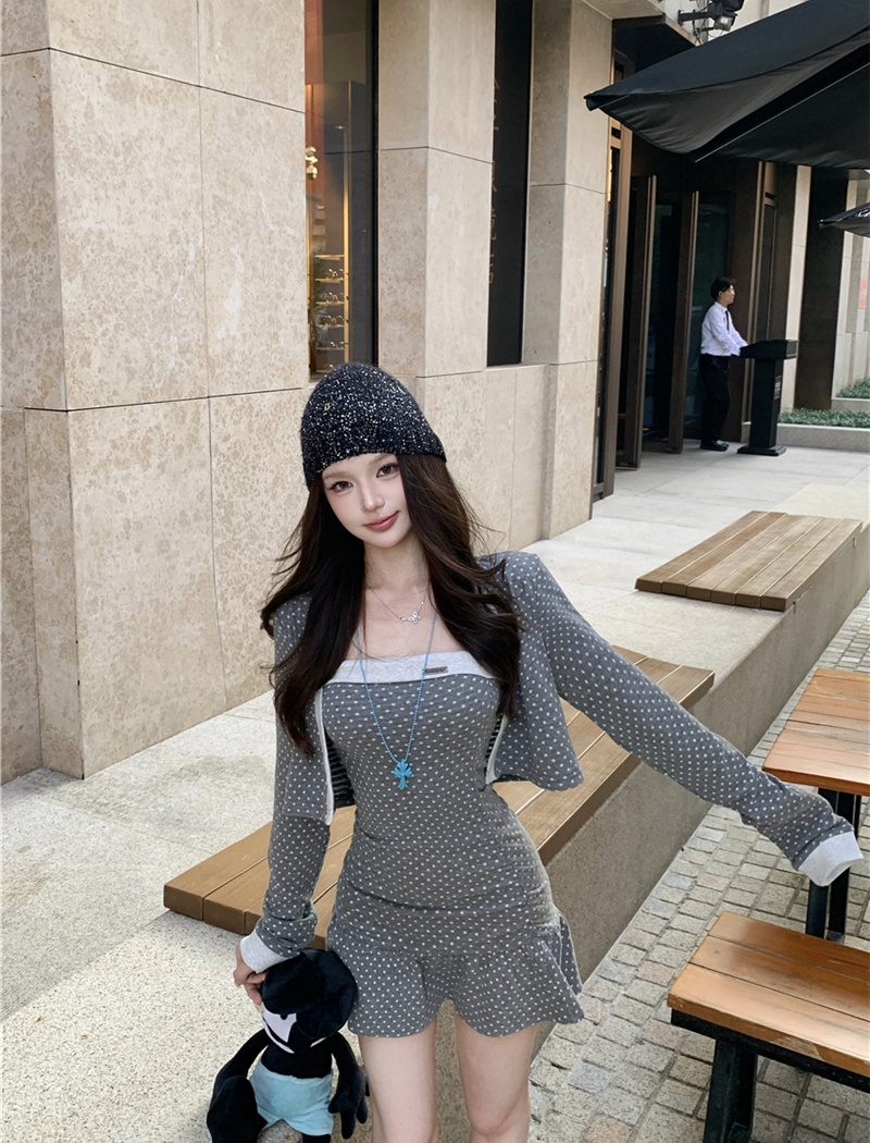 Package hip cardigan polka dot dress 2pcs set for women