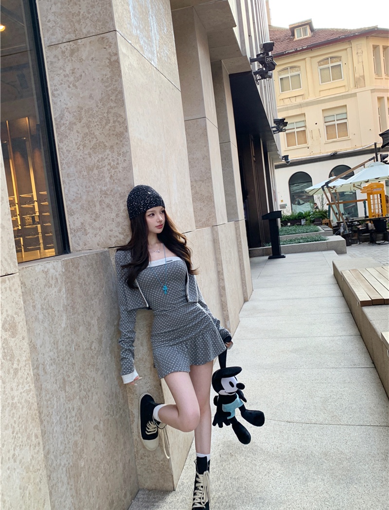 Package hip cardigan polka dot dress 2pcs set for women