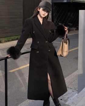Pinched waist double-breasted overcoat long coat for women