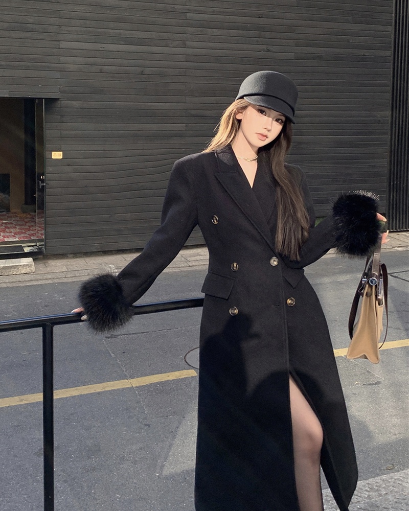 Pinched waist double-breasted overcoat long coat for women