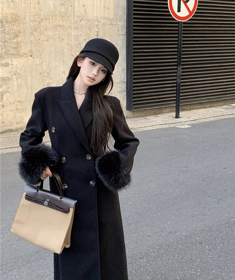 Pinched waist double-breasted overcoat long coat for women