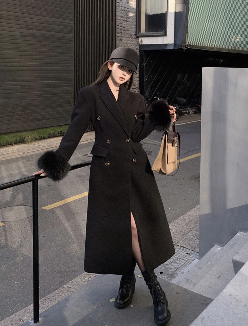 Pinched waist double-breasted overcoat long coat for women