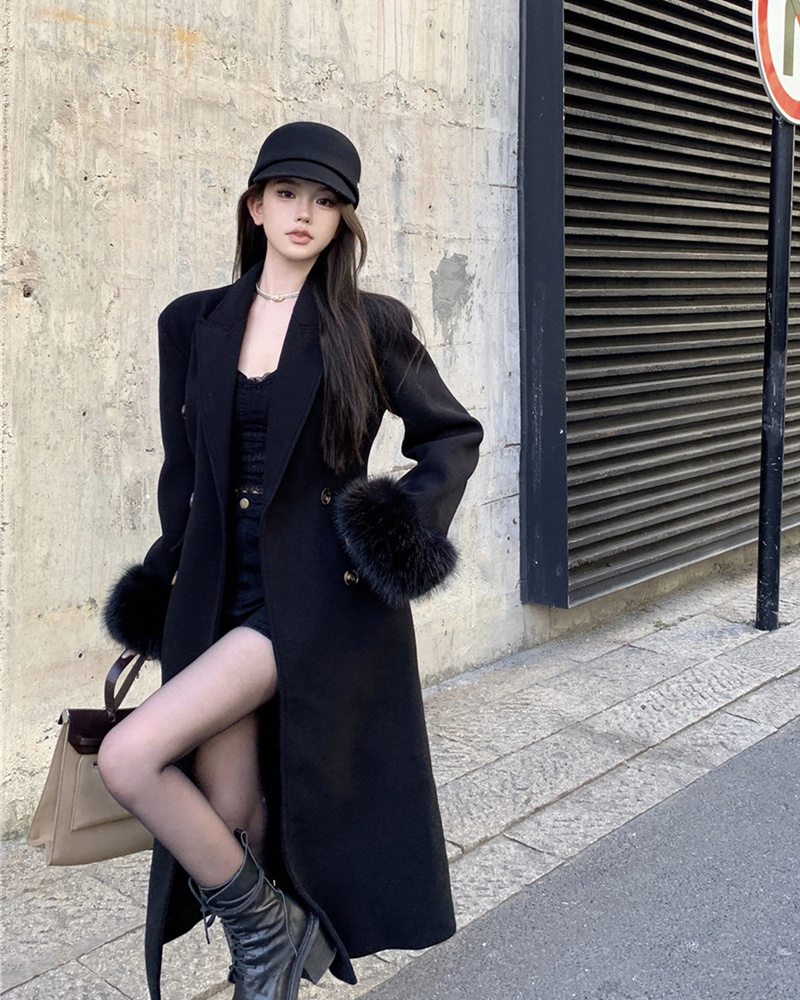 Pinched waist double-breasted overcoat long coat for women
