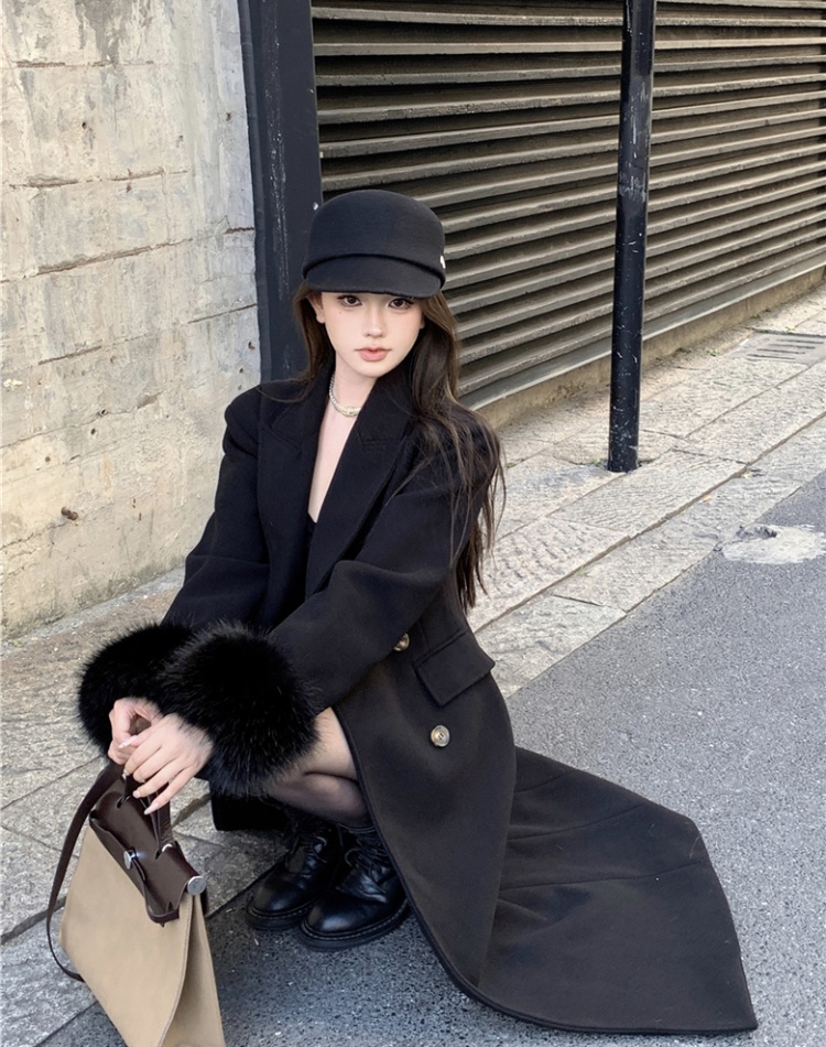 Pinched waist double-breasted overcoat long coat for women