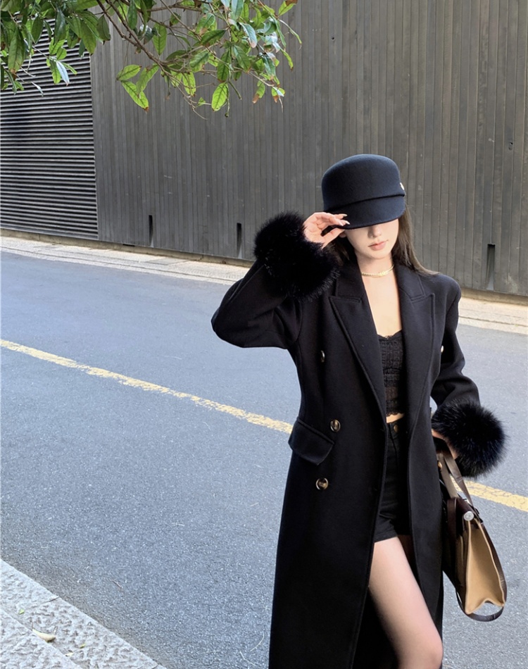 Pinched waist double-breasted overcoat long coat for women