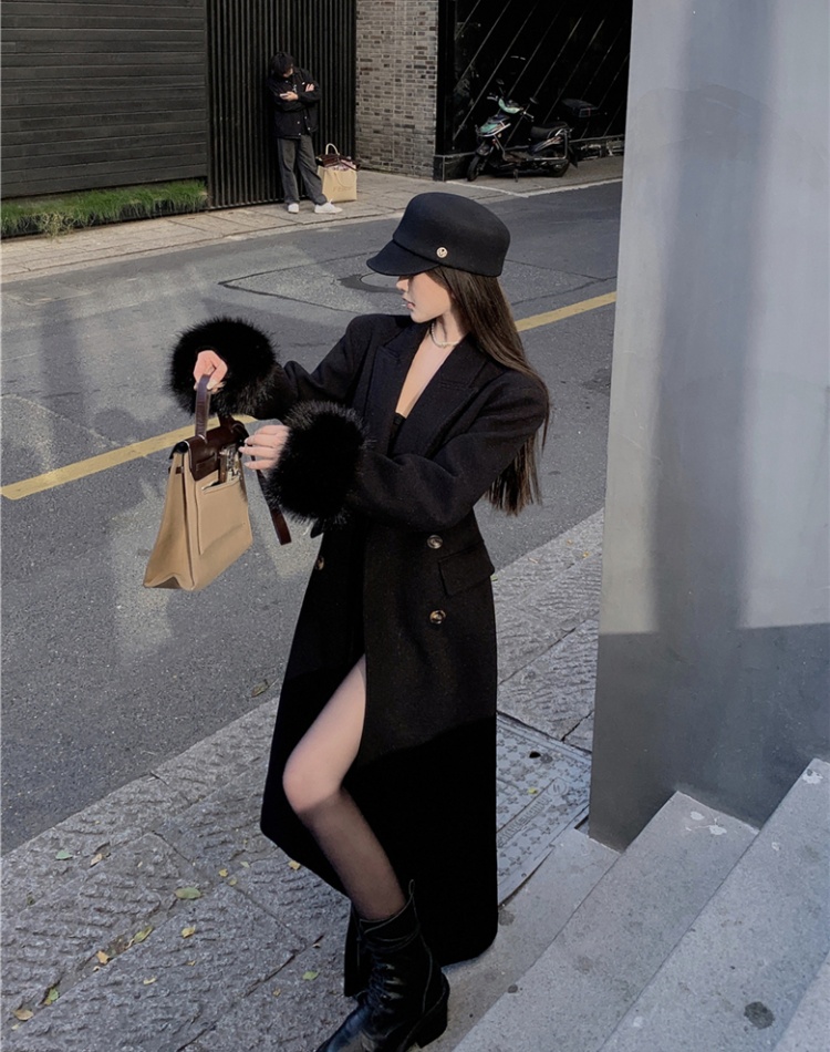 Pinched waist double-breasted overcoat long coat for women