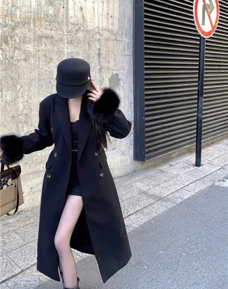 Pinched waist double-breasted overcoat long coat for women