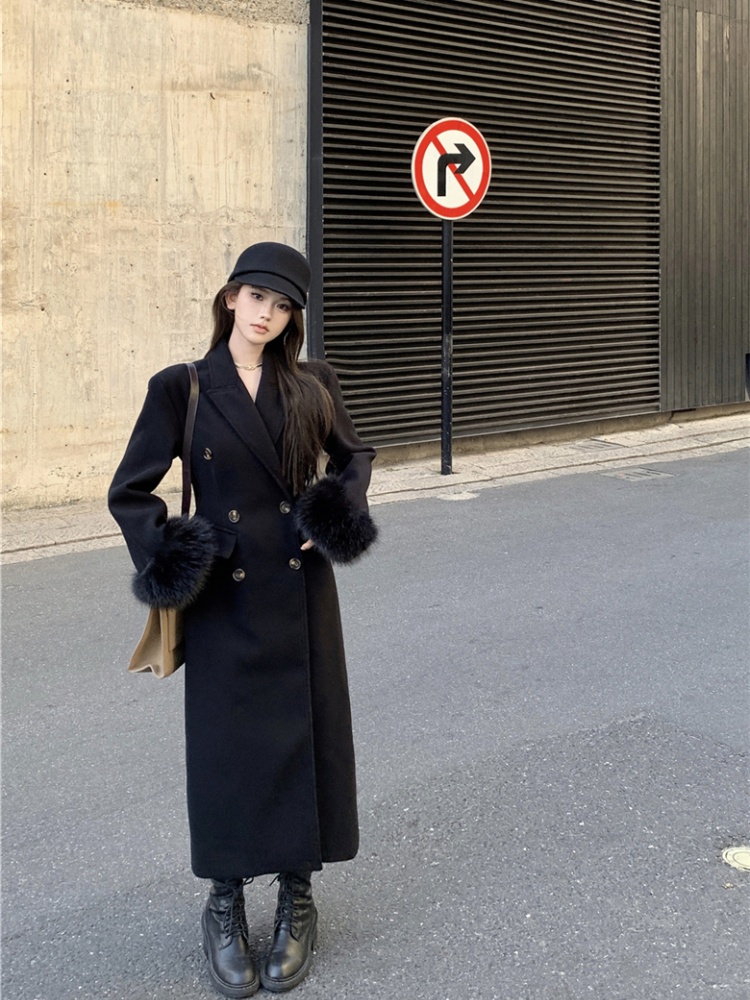 Pinched waist double-breasted overcoat long coat for women