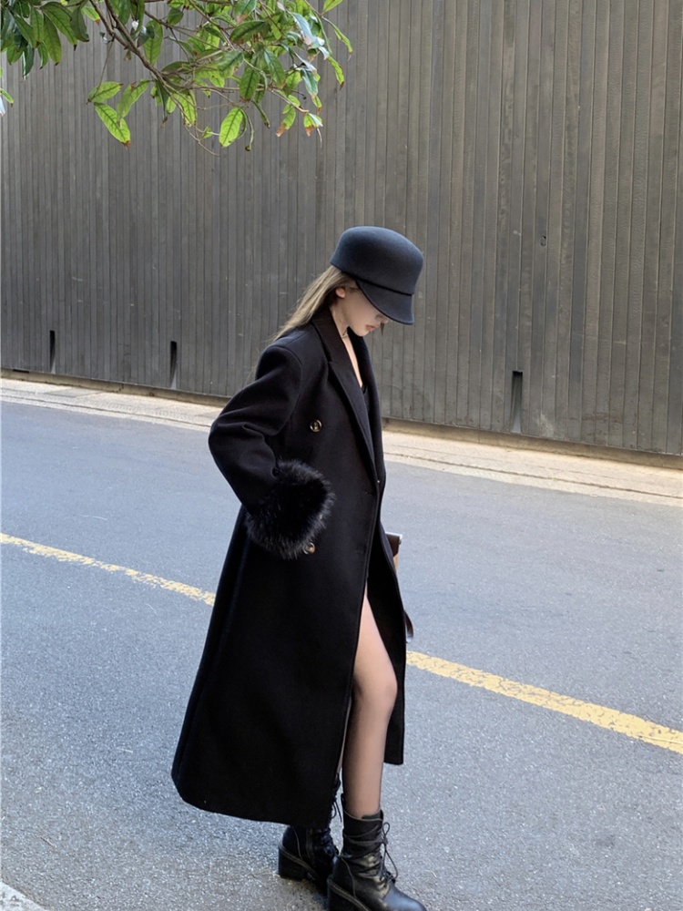 Pinched waist double-breasted overcoat long coat for women