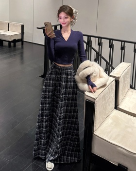 Retro V-neck tops plaid T-shirt 2pcs set for women