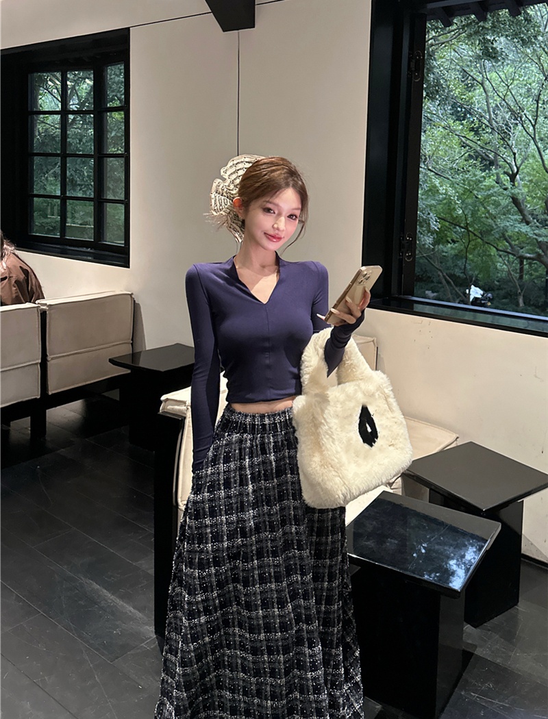 Retro V-neck tops plaid T-shirt 2pcs set for women