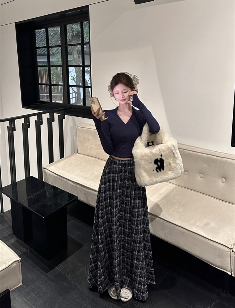 Retro V-neck tops plaid T-shirt 2pcs set for women