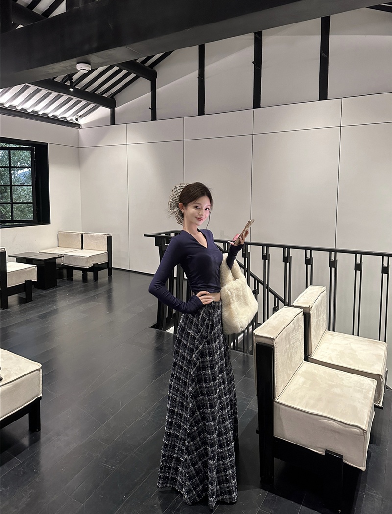 Retro V-neck tops plaid T-shirt 2pcs set for women