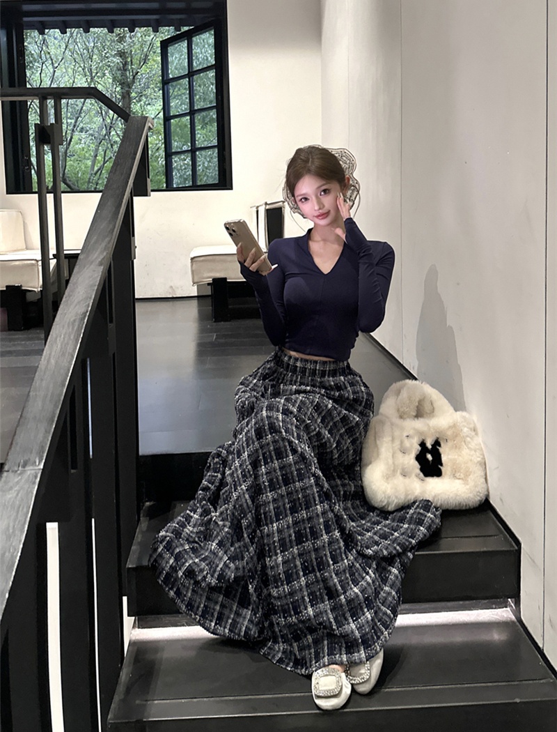 Retro V-neck tops plaid T-shirt 2pcs set for women