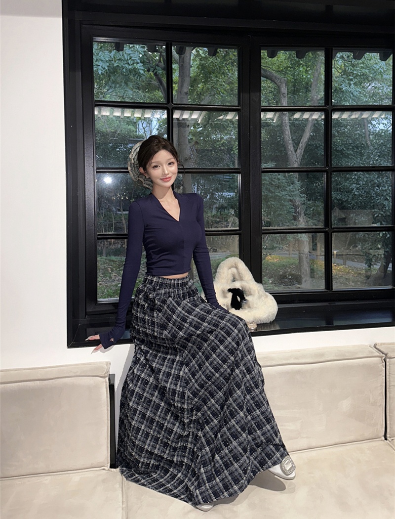 Retro V-neck tops plaid T-shirt 2pcs set for women