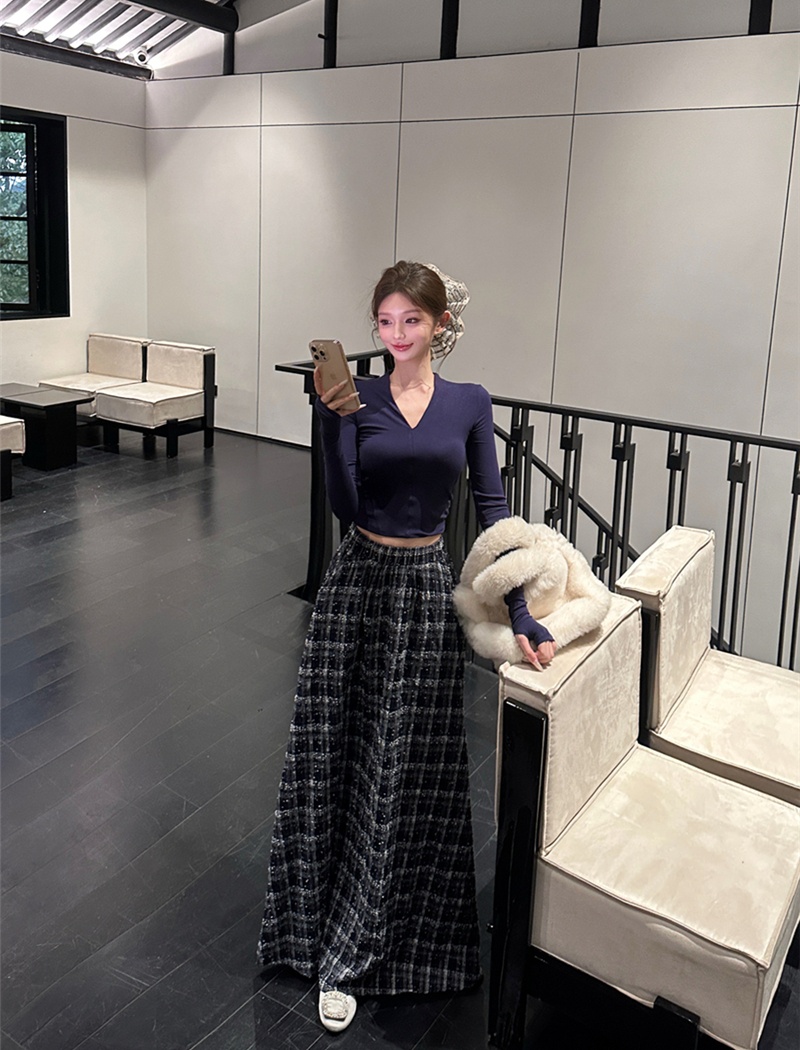 Retro V-neck tops plaid T-shirt 2pcs set for women