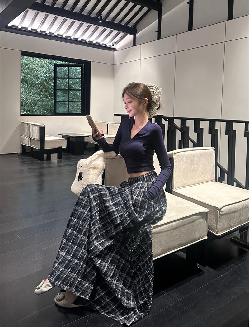 Retro V-neck tops plaid T-shirt 2pcs set for women