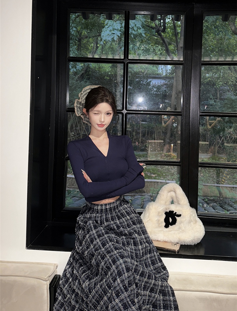 Retro V-neck tops plaid T-shirt 2pcs set for women