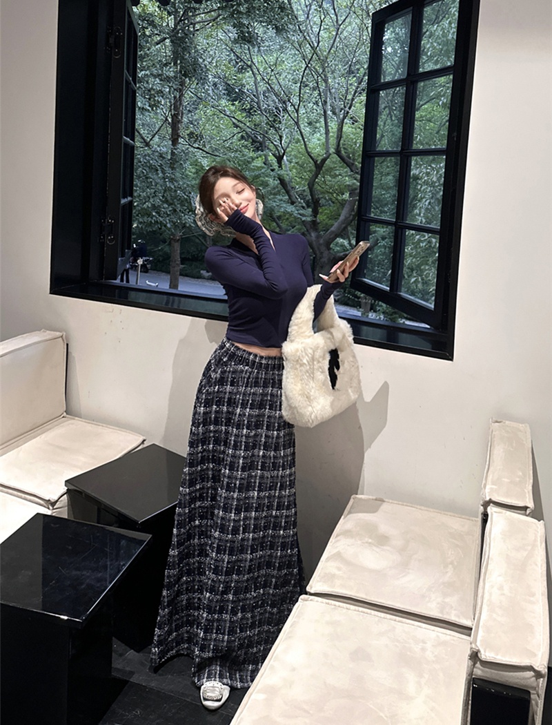 Retro V-neck tops plaid T-shirt 2pcs set for women