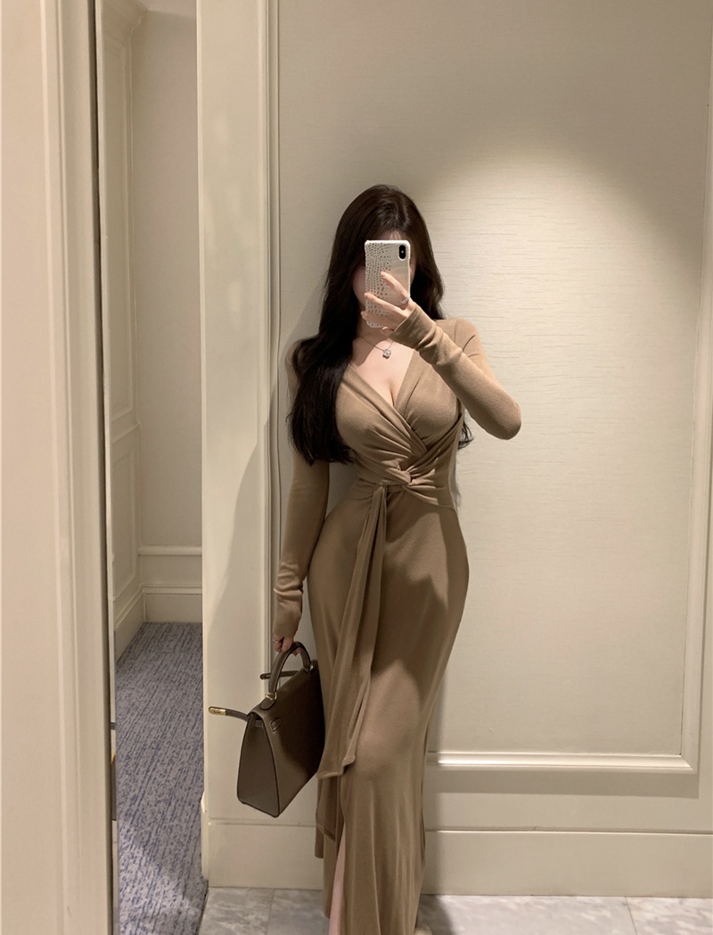 V-neck pinched waist long dress bandage temperament dress