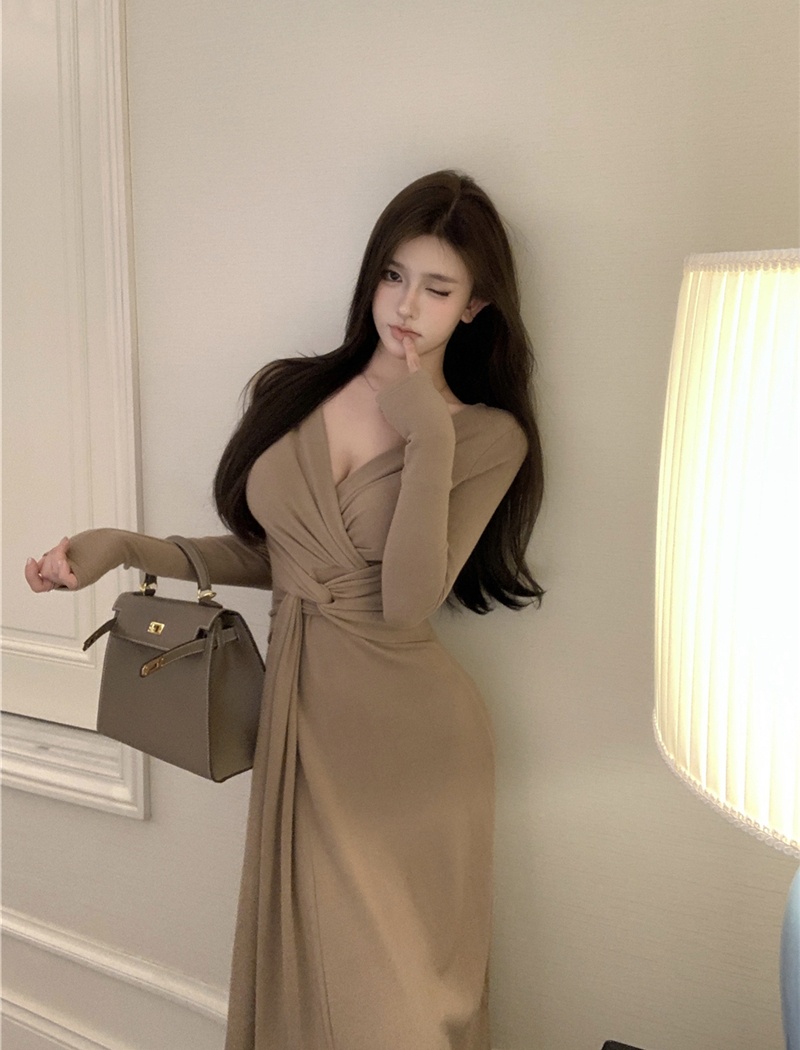 V-neck pinched waist long dress bandage temperament dress