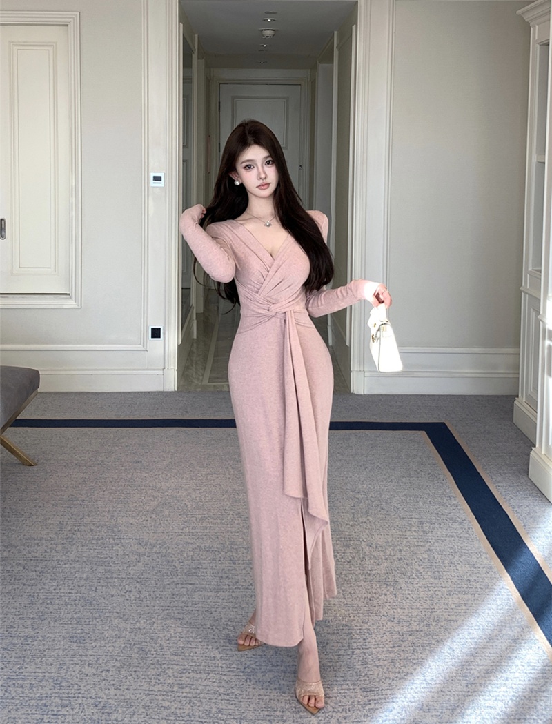 V-neck pinched waist long dress bandage temperament dress