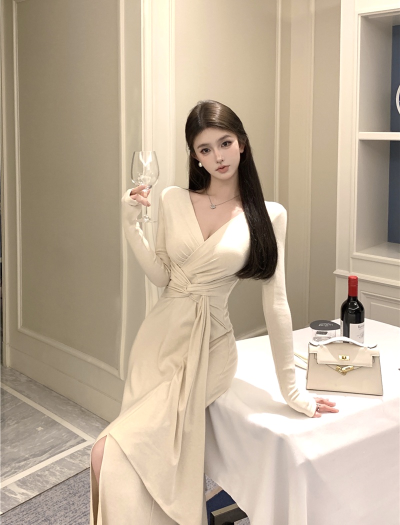 V-neck pinched waist long dress bandage temperament dress