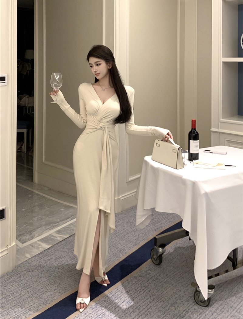 V-neck pinched waist long dress bandage temperament dress