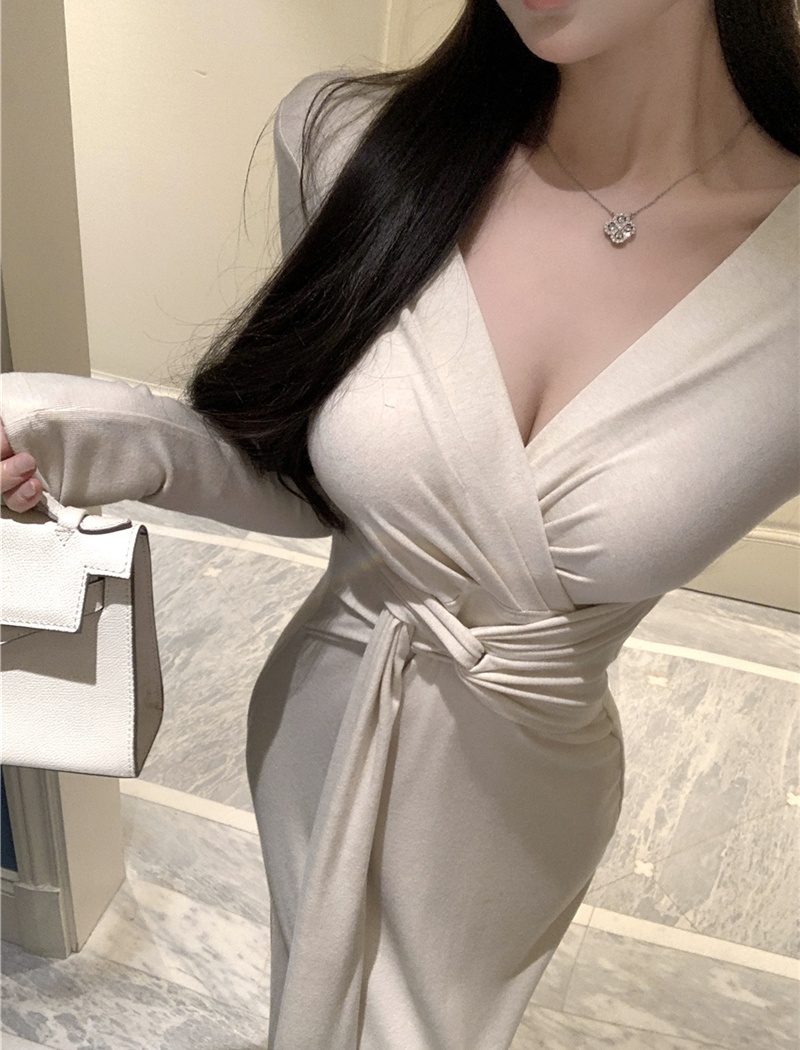 V-neck pinched waist long dress bandage temperament dress