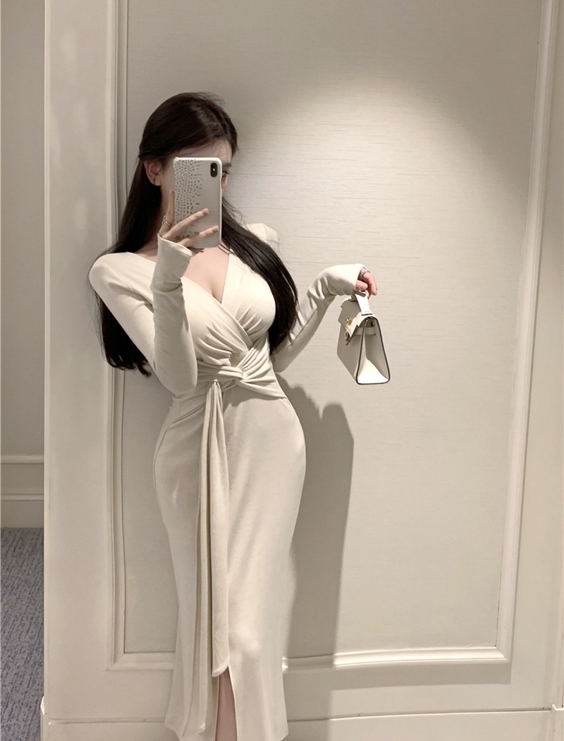 V-neck pinched waist long dress bandage temperament dress