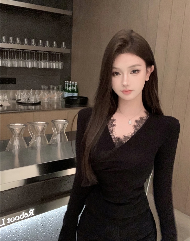 Long sleeve inside the ride tops splice sexy T-shirt for women