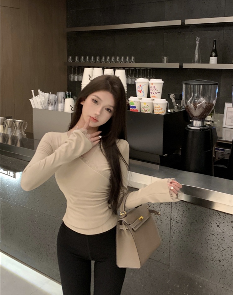 Long sleeve inside the ride tops splice sexy T-shirt for women