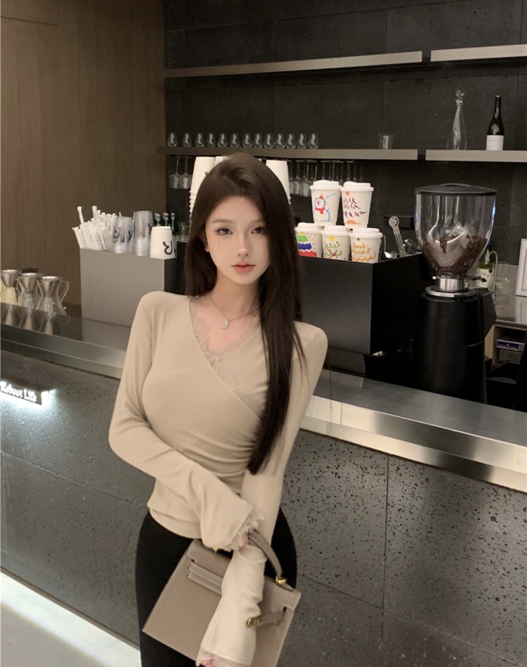 Long sleeve inside the ride tops splice sexy T-shirt for women