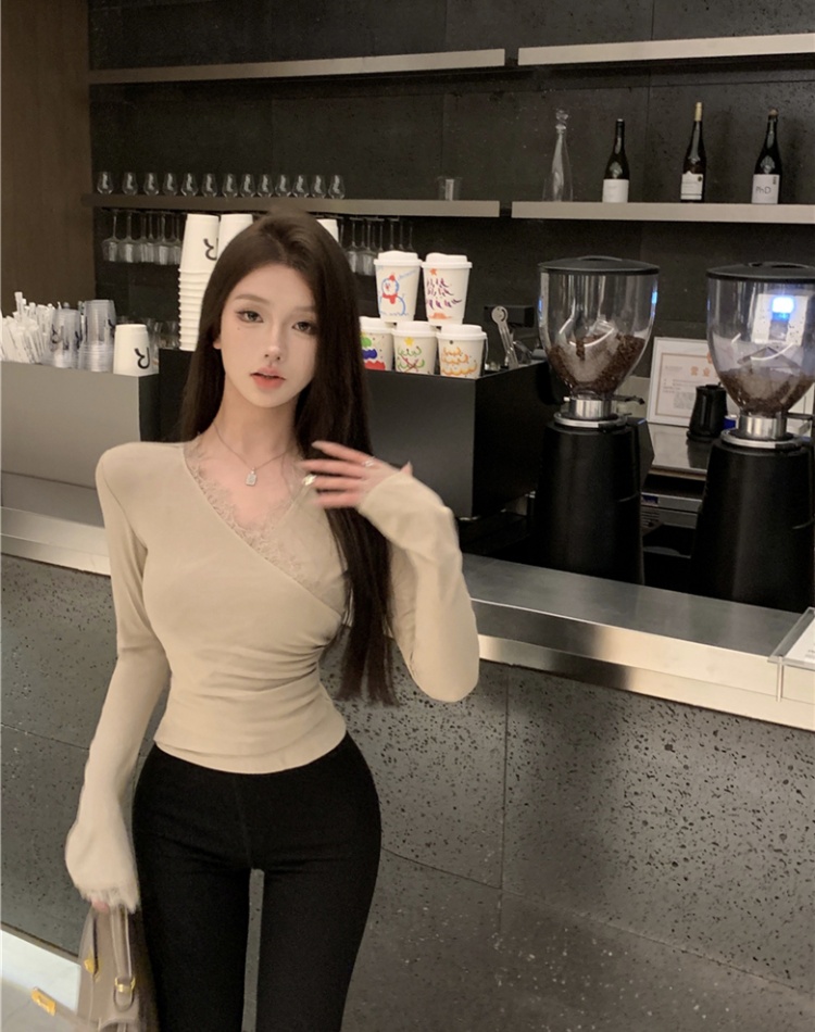 Long sleeve inside the ride tops splice sexy T-shirt for women