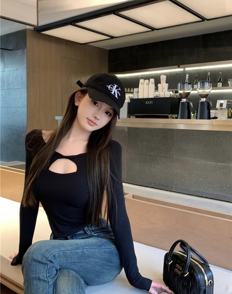 Sexy slim all-match T-shirt retro long sleeve hollow tops