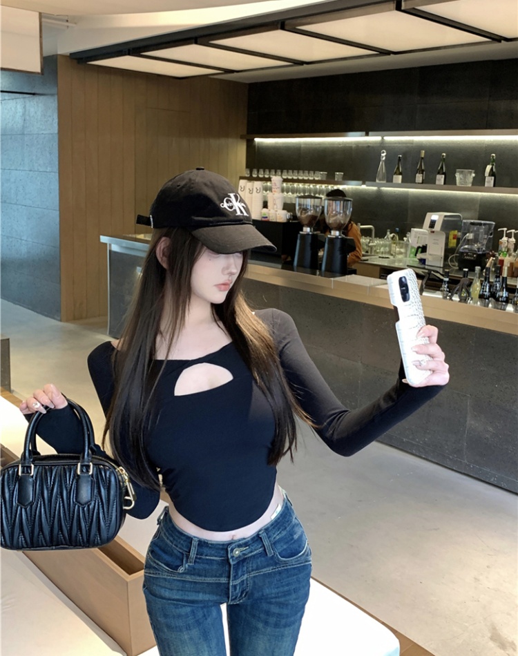 Sexy slim all-match T-shirt retro long sleeve hollow tops
