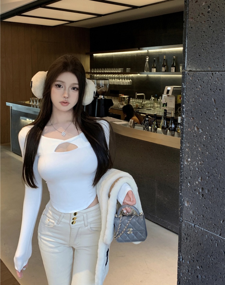 Sexy slim all-match T-shirt retro long sleeve hollow tops