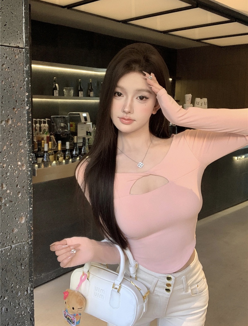 Sexy slim all-match T-shirt retro long sleeve hollow tops