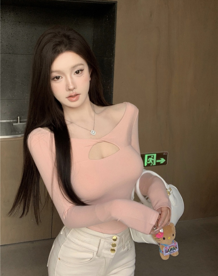 Sexy slim all-match T-shirt retro long sleeve hollow tops