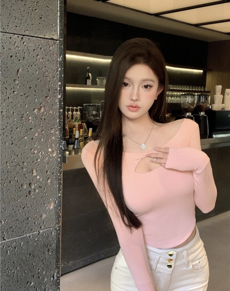 Sexy slim all-match T-shirt retro long sleeve hollow tops