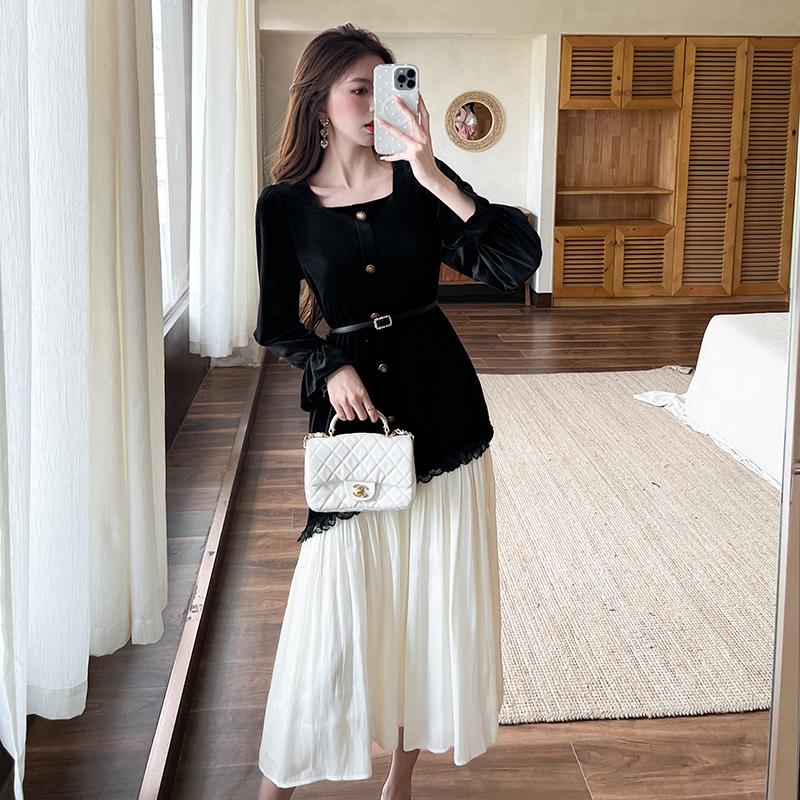 Niche splice ladies commuting pearl maiden dress