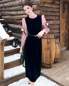 Pseudo-two autumn dress black silk long dress