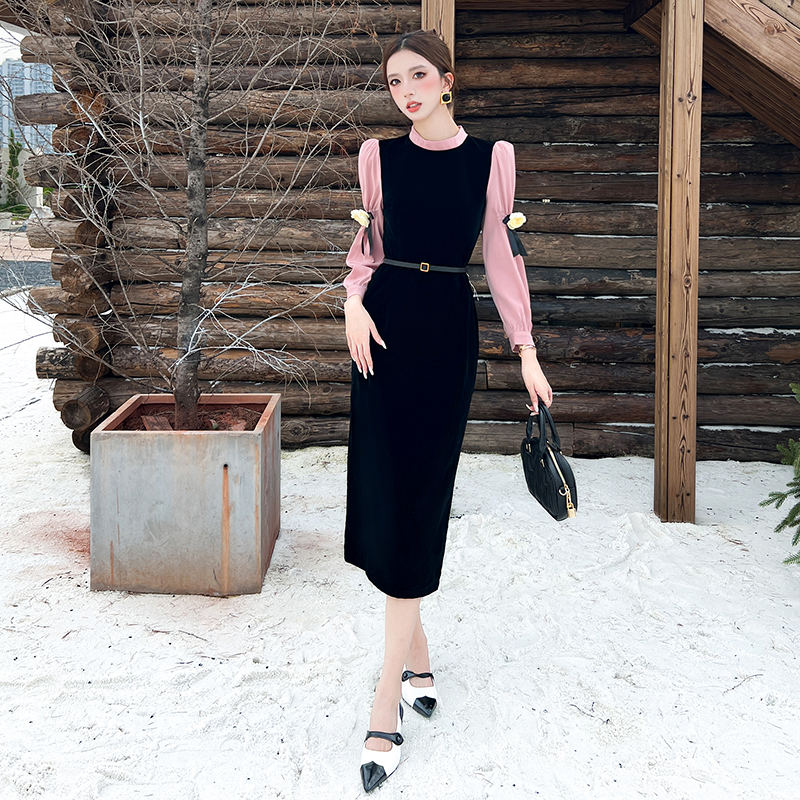 Pseudo-two autumn dress black silk long dress