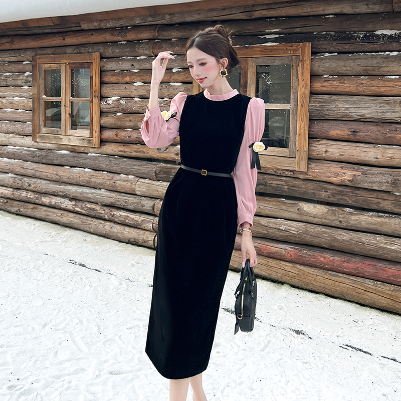 Pseudo-two autumn dress black silk long dress