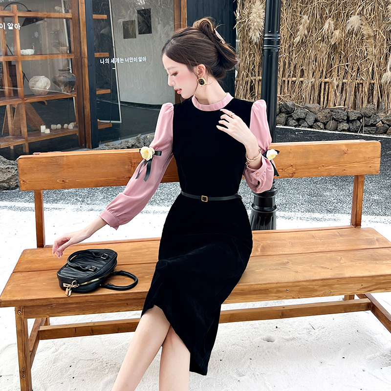 Pseudo-two autumn dress black silk long dress
