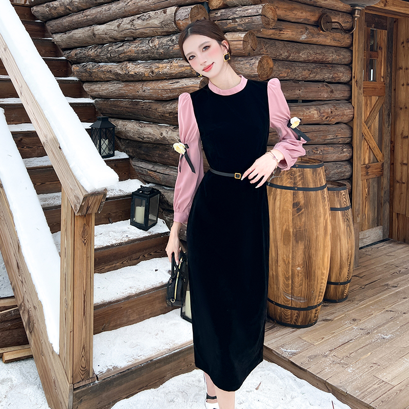 Pseudo-two autumn dress black silk long dress